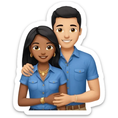 smiling embracing interracial couple from waist up. ebony woman with long hair and jewelry. brazillian man short hair wearing blue. sticker