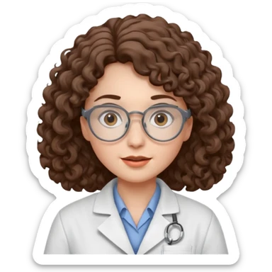 A crazy female scientist, with curly-wavy brown hair, brown eyes and grey glasses and oale skin  sticker