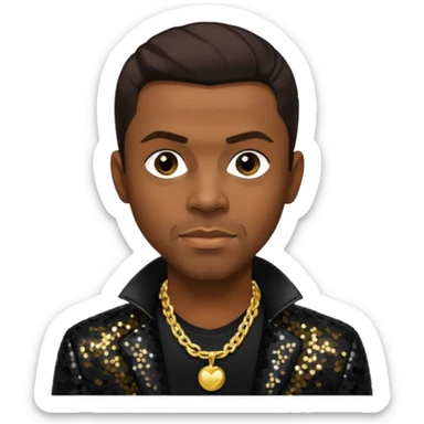 Keith Sweat (b.1961) with dark brown hair, black sequin jacket, black shirt with necklace sticker