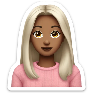 the girl has fair skin, dark straight hair, sweater, brown eyes, pink lips, long eyelashes sticker