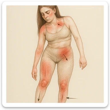 Realistic clinical style illustration of a woman with tilted pelvis and asymmetric posture, showing clear signs of inflammation with redness on joints and muscles, anatomical details, neutral background, arrows indicating problematic areas. sticker
