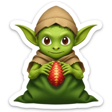 A retro pixel art goblin with a cloth sack over its back filled with dragon eggs. sticker