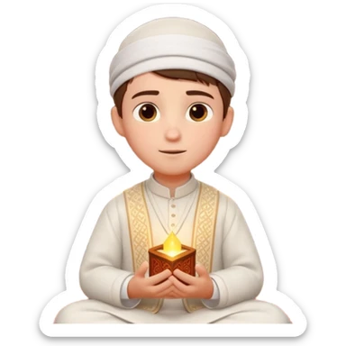 Personnage 3D mignon en style Pixar, un petit garçon portant un qamis blanc et un kufi, tenant un tapis de prière, entouré de lanternes brillantes, fond doux, couleurs chaudes, sticker