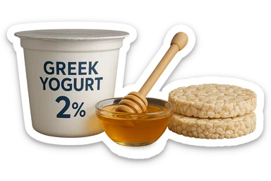 Yogurt Greco 2%
Miele
Gallette di Riso
vista frontale, iperrealistico 4k sticker