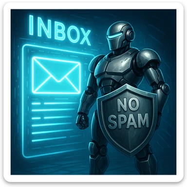 A robotic email bouncer agent character, metallic and sleek, with a shield marked 'No Spam', standing in front of a glowing inbox, confident and vigilant sticker
