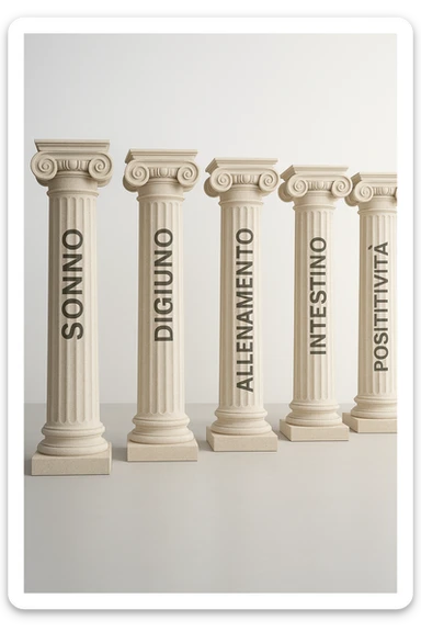 5 pilastri con le scritte "SONNO", "DIGIUNO", "ALLENAMENTO", "INTESTINO", "POSITIVITà" IMMAGINE IPERREALISTICA SFONDO CHIARO IN ITALIANO sticker