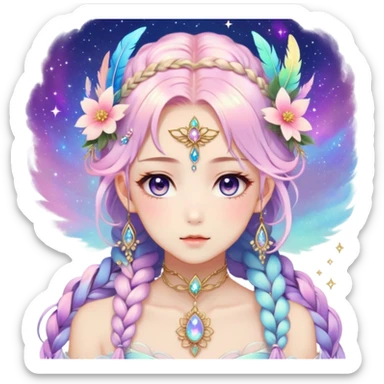 Beautiful gorgeous anime lady with beautiful iridescent-nebula-braided-hair, fashion aesthetic, ethereal, fairycore, pastelcore, feathers, flowers, gems, accessories, jewelries, gold, colorful sticker