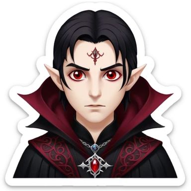 Cinematic Realistic WoW Vampire Mage Portrait, depicted with dark and mysterious elegance, wearing a flowing black robe intricately adorned with arcane silver filigree and esoteric runes. His pallid, almost ethereal skin contrasts with deep crimson, mesmerizing eyes, while his dark, slick hair falls in sleek strands. Rendered with lifelike texture and moody, dramatic lighting, high shine, noble and formidable, capturing the essence of a legendary vampire mage of Azeroth. sticker