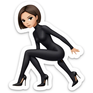 Victoria Beckham with light skin, short dark brown bob, black catsuit wearing black heels sticker