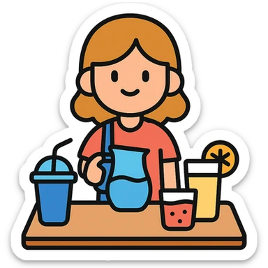 cartoon girl preparing cold drinks and juices on a table, bright colors sticker
