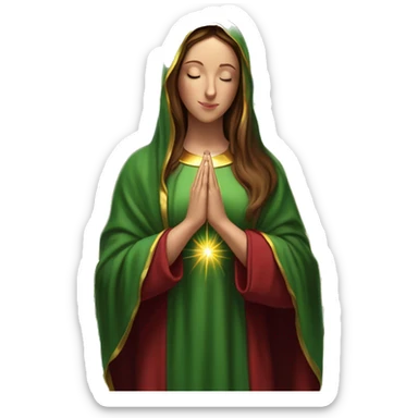 Virgin Mary: kind face looking down at the left, long brown hair, Wearing an emerald green  robe with gold stars and a burgundy red dress,  Hands in prayer or blessing. Halo around her head. standing in front of a big sun. colorful roses on the sides  sticker