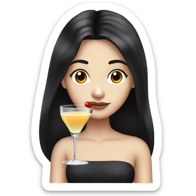 Pale girl with long black hair with chest holding cocktail sticker