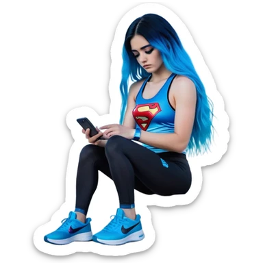 Shameful disappointed crying-very very very very big chest-texting on a samsung cell phone-very long straight flowing black to sky blue hair ombre-blue eyes-black eyeliner-long eyelashes-iridescent sparkling sky blue very low cut tank top with sparkling superman logo-black leggings-nike sneakers sticker