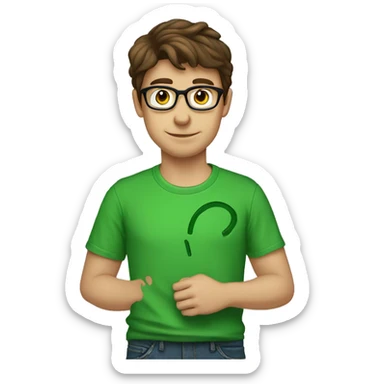 male nerd brown hair heart with hand using green t-shirt sticker