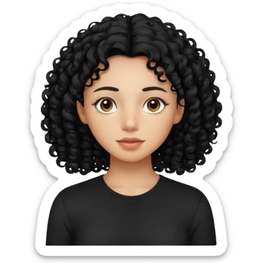 iPhone-style avatar icon of a woman with curly hair, morena complexion, subtle freckles, black shirt, clean and minimal sticker