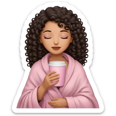 hispanic woman, brown skin, black long 3b curls, closed eyes, feminine face, holding soft pink coffee cup with beige blanket over shoulders sticker