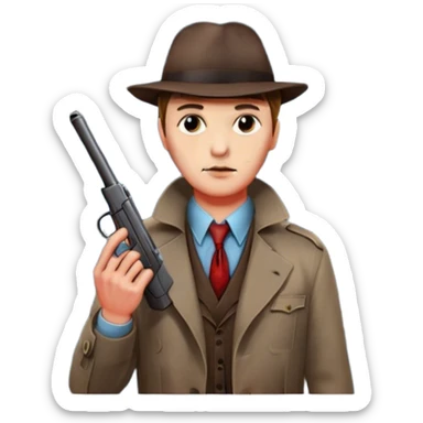 Icon for Detective Movie: A vintage movie poster-style design with a close-up of a detective holding a gun on a dark London street. The scene features a full moon, bloodstains on the pavement, and a mysterious atmosphere, evoking a classic noir detective thriller. Transparent background. sticker