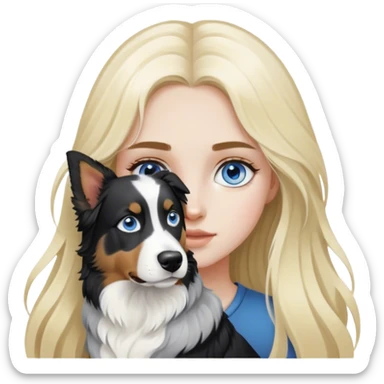 pale girl with blue eyes and long blonde hair and black white Australian shepherd. sticker