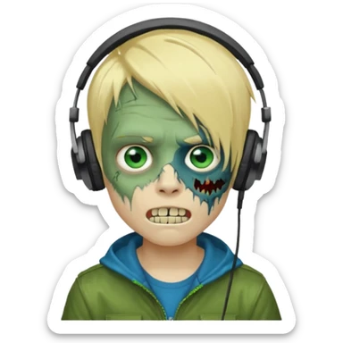 boy zombie whit blonde emo hair and eyes blue and GREEN SKIN and heandphones and a microfone and gold teeth sticker