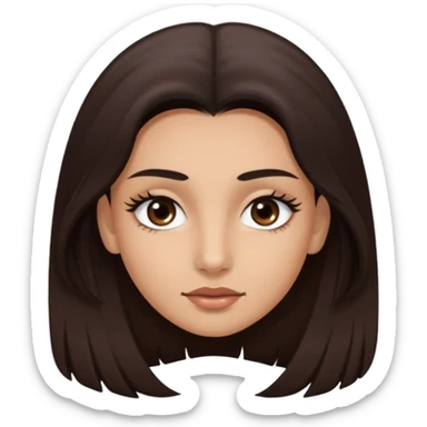Rostro de forma ovalada con facciones delicadas. Ojos grandes y expresivos de color café oscuro, con pestañas largas y definidas. Cejas oscuras, pobladas y bien formadas color de piel trigeña y cabello largo sticker
