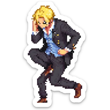 Sanji from One Piece, pixel art style, angry, curly eyebrow, blond hair, black suit, side view, kicking pose sticker