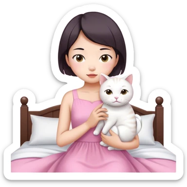 Short hair Asian girl wake up with white cat in pink dress  sticker