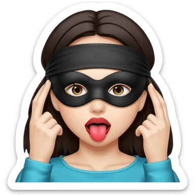woman with dark brown hair wearing black blind fold completely covering her eyes. tongue out sticker