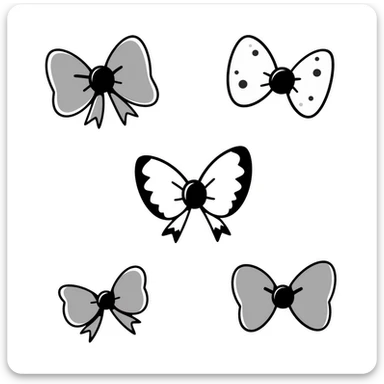 cute bows in various shapes and sizes in pastel colors dd9fb0, ffc6d3, a3bfc9, c4bee2, f1b091, hand-drawn doodle style sticker