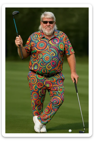 Edit the image to look identical to John Daly: white spiky hair, mullet, goatee, sunglasses, colorful patterned golf shirt and pants, holding a golf club, realistic facial features, transparent background. sticker