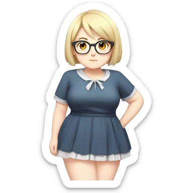 Chubby anime girl with glasses and short blond hair, full body wearing cute dress sticker