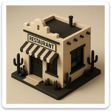 isometric exterior of a little southwestern restaurant, black, beige, and white color palette, dollhouse style, 3D realistic sticker