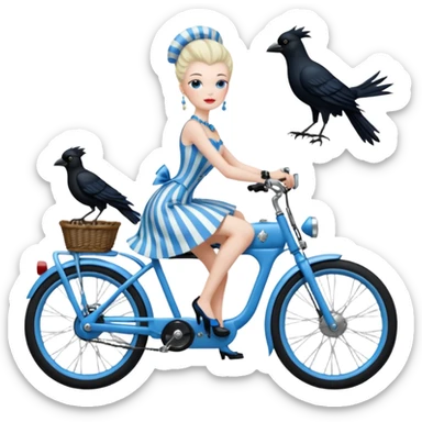 1920s coal hair hotrod Silkstone Marie Antoinette Morticia Addams Barbie Wednesday Addams from academy in a blue and black vertically-striped classic dress. riding matte black hot rod electric bikes with crows sticker