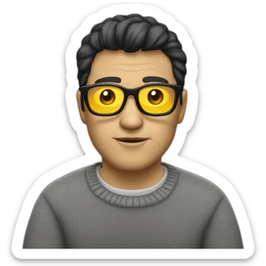 White man with yellow tinted glasses and black hair in a gray jumper and sitting on a chair sticker