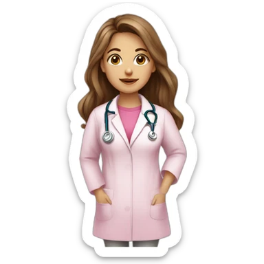 White Latina girl, a speech therapist with Brown long hair, Brown eye wearing a pink t-shirt and a medical coat sticker