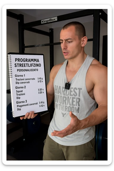 Uomo che crea un programma personalizzato per un suo cliente, sullo streetlifting, tutto in italiano sticker
