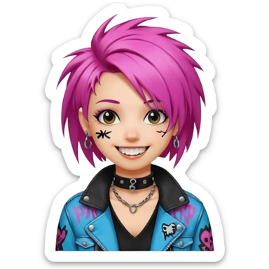 a punk girl with neck-length dyed hair and wear a punk graffiti jacket with black choker grin playfully  sticker