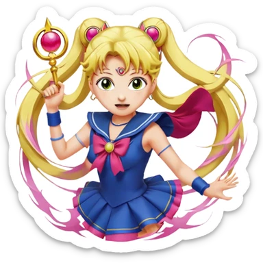 Icon for Anime: vibrant, dynamic scene with Bishoujo Senshi Sailor Moon in action, featuring exaggerated expressions and colorful backgrounds. The design should reflect the distinct, energetic style of anime, with iconic eyes and unique visual elements. Transparent background. sticker