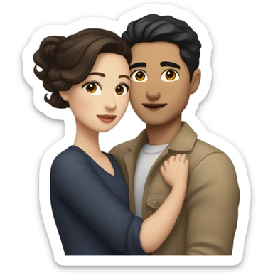 A pale half Asian man with short dark hair and amber eyes embracing and loving a white woman with long wavy brunette hair and dark hazel eyes. They love each other a lot And have good fashion taste and are hugging each other tight  sticker