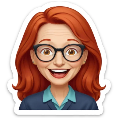 obese; older 50's ; long red hair ; women hazel eyes; glasses ; laughing sticker