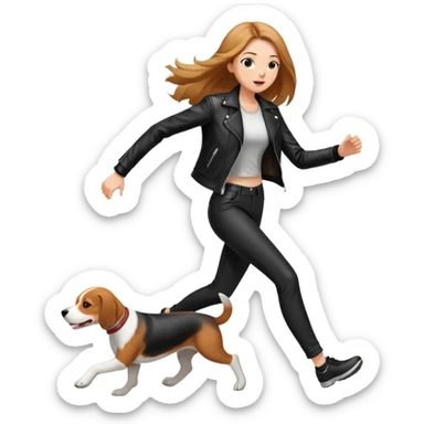 A beautiful tall girl with fair skin and long hair wearing a black leather jacket and black pants running with Beagle sticker