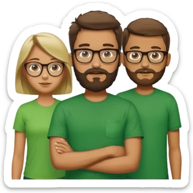 A family consisting of a man who's bearded, tanned, wearing glasses, a woman, slightly tanned, and a 14 year old teenage boy, slightly tanned, wearing a green t-shirt sticker