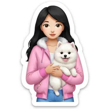 A black long hair asian pretty girl with a bright skintone using a baby pink juicy couture jacket with white tanktop holding a samoyed dog sticker