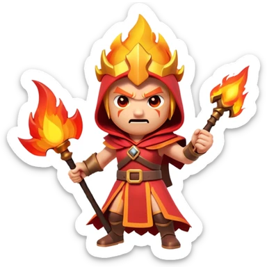 Clash of Clans aesthetic: Cinematic Ferocious Fire Mage Hero closeup Emoji, rendered in a 3D vector-style similar to standard emojis with minimal shading and bold, simplified shapes. A compact, isometric figure draped in flowing, charred and ember-lined robes, wielding a fiery staff crackling with intense flames. Eyes burning with an infernal glow, exuding raw, untamed power. Simplified yet unmistakably iconic, highly detailed and consistent, glowing with a fiery, molten radiance and high shine. Stylized with a touch of menacing sorcery and a searing, ember-infused outline, capturing the essence of a wrathful mage ready to unleash devastating fire magic! sticker