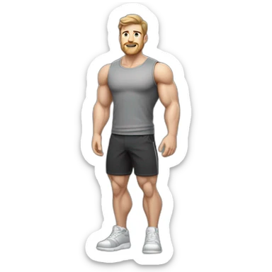 Full height Pale skinned fit man With biceps, Realistic eyes and mouth, light brown hair and stubble In dark gray sleeveless mike, black oversize sports shorts, watch and white sneakers. sticker