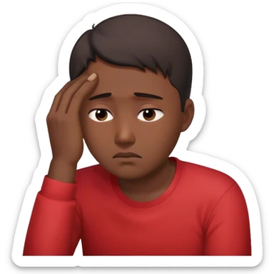 A worried Korean man in a red shirt, resting his head on one hand sticker