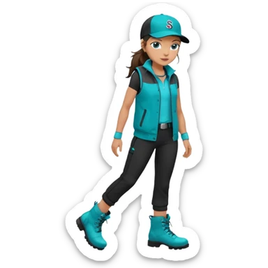 A landscaper in a beautiful turquoise jacket and turquoise boots, black pants, and a black sleeveless shirt. On his head is a black Swissotel baseball cap. The girl is a brunette with blue eyes. sticker