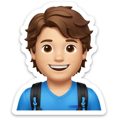 a roblox thick boy has a pitch skin,brown hair that a wave,hasve a face that a smile then in the mid side it has the toung out,black shirt with blue backpack and bluee ropes and one o the ropes of  the bag it has a blue ribbon sticker