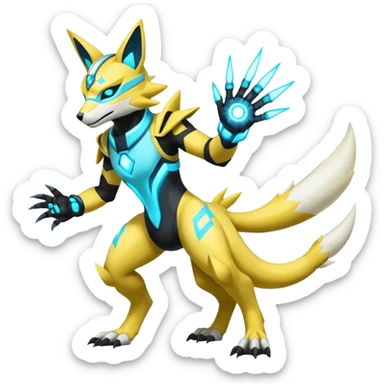 Shiny glowing neon cyan yellow white electric complex futuristic white-cyber-masked Zeraora-Renamon-Electrike-Umbreon-Lombax-Weregarurumon-fusion-creature (full body sticker