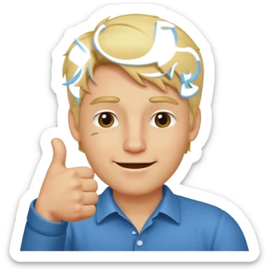 blonde haired man with head tilted winking, holding up a sideways thumbs up  sticker