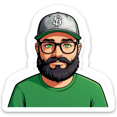 A bold man with a grey baseball cap, green eyes, big beard and glasses, holding a bouquet  sticker
